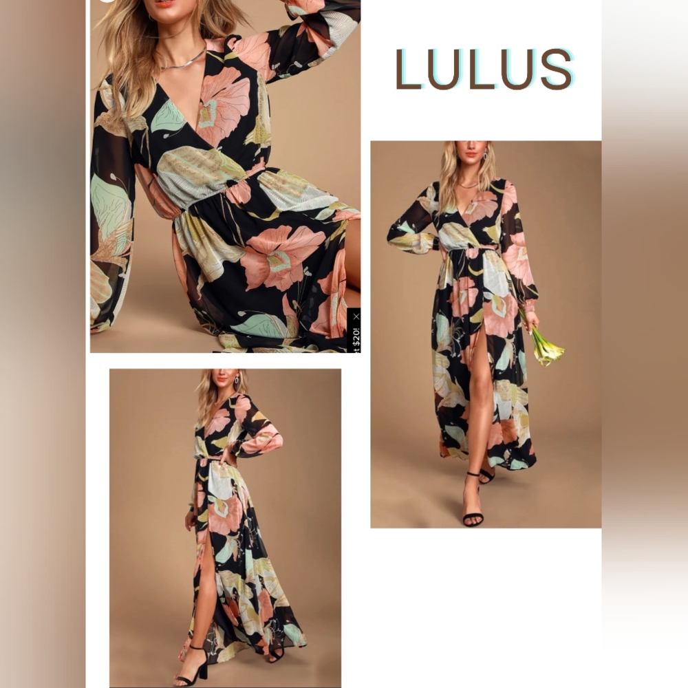 LuLus. Maxi Dress. Wondrous Water Lilies Print. V-Neck. Long Sleeve. Lon…